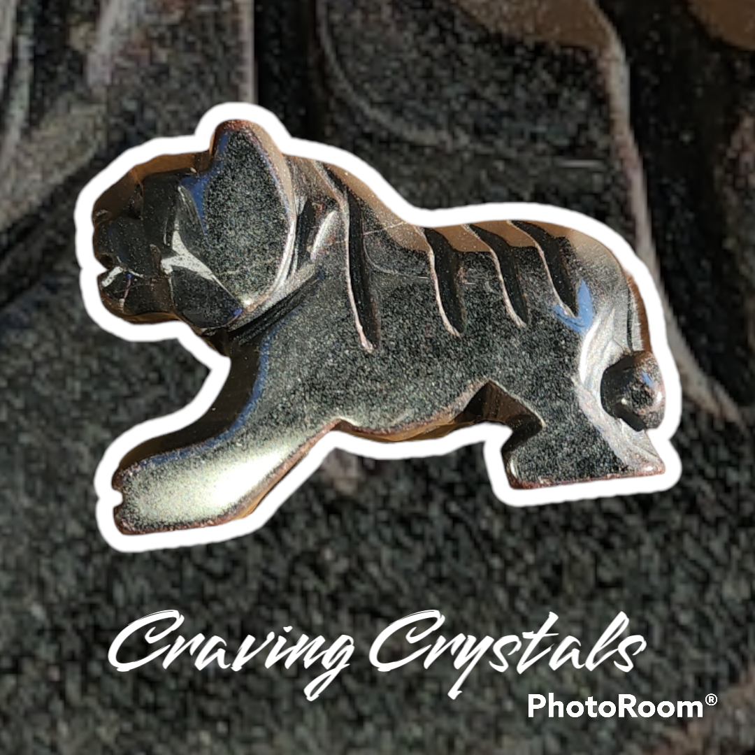 Handcrafted Hematite Tiger Carving - Reiki Infused - Crystal Animal Sculpture