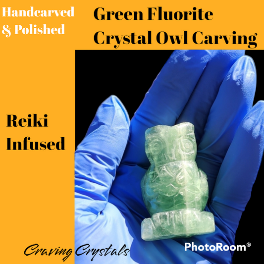 Handcrafted Green Fluorite Crystal Owl Carving - Reiki Infused - Animal Sculpture