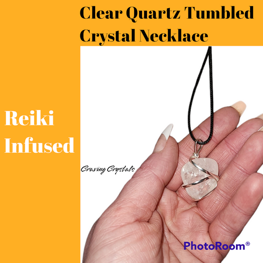Clear Quartz Tumbled Crystal w/ Silver Wire Wrapping Necklace - Reiki Infused