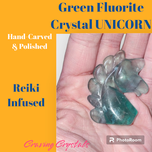 Handcrafted Green Fluorite Crystal Unicorn Head Sculpture | Reiki Charged