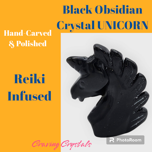 Handcrafted Black Obsidian Crystal Unicorn Sculpture | Reiki Charged