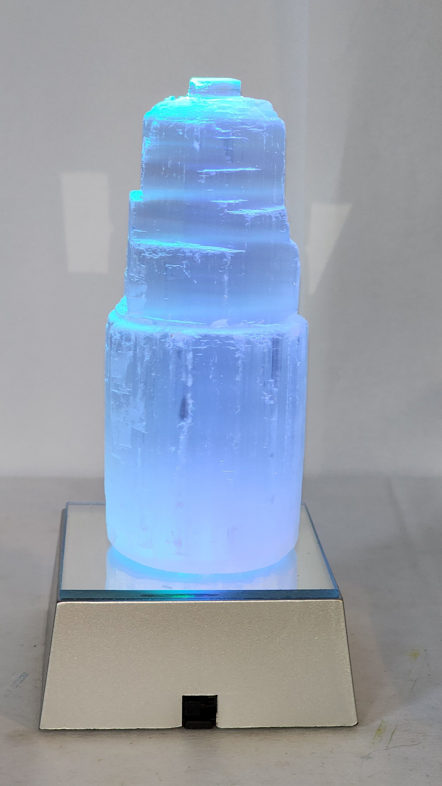 5" Selenite Skyscraper Tower Lamp - Color Changing LED Crystal Light/Lamp - Reiki Infused