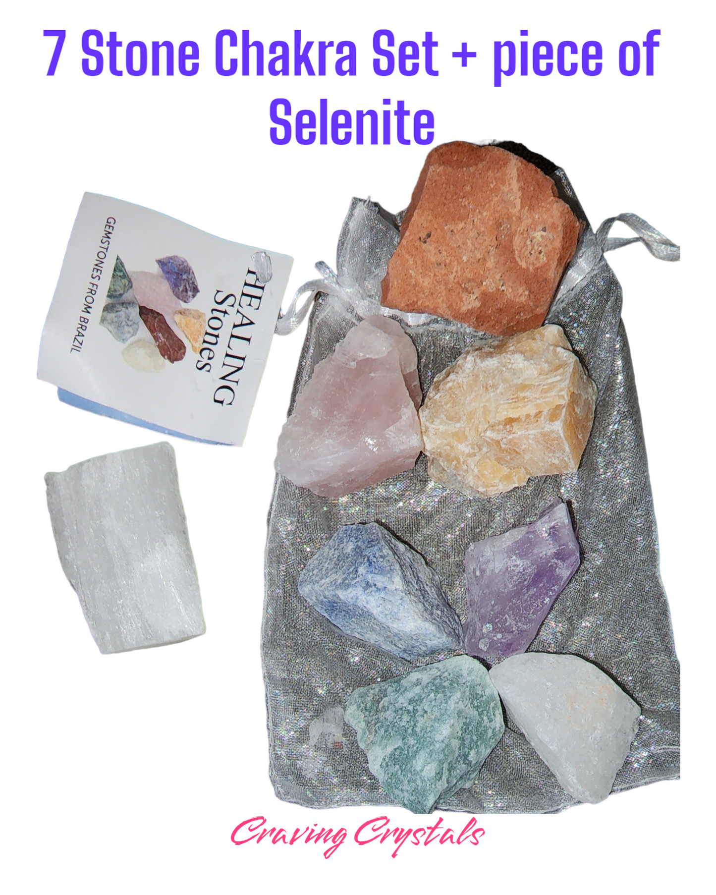7pc Rough Healing Stones Set + Free Small Selenite Stick = 8pc Set! Reiki Infused