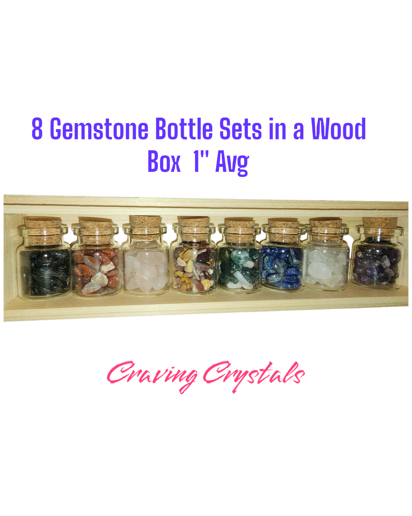 8 gemstone bottle sets in a wooden box 1 inch average