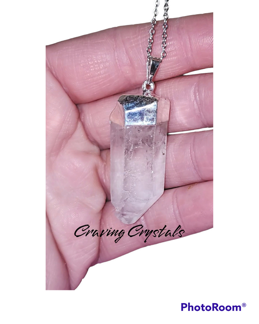 Clear Quartz Point Pendant Necklace with Silver Plating Necklace  / 1"-2" - Reiki Infused