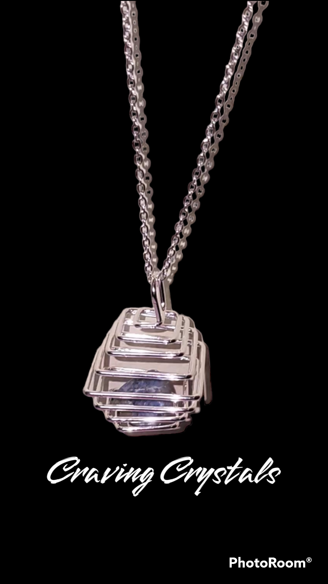Silver Plated Square Spiral Cage Pendant / Necklace with Mystery Crystal Reiki Infused