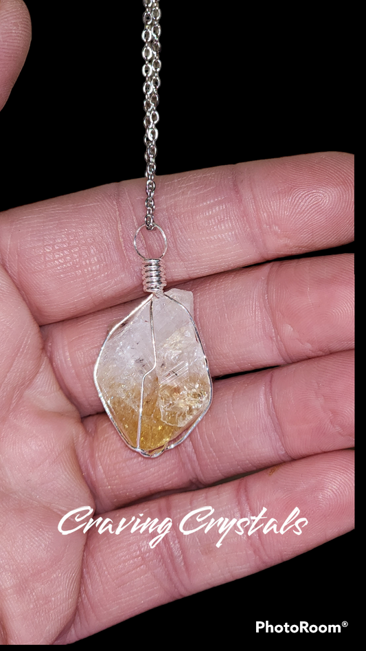 Citrine Point Pendant Necklace with Silver Wire Cage 1"-2" AVG Reiki Infused