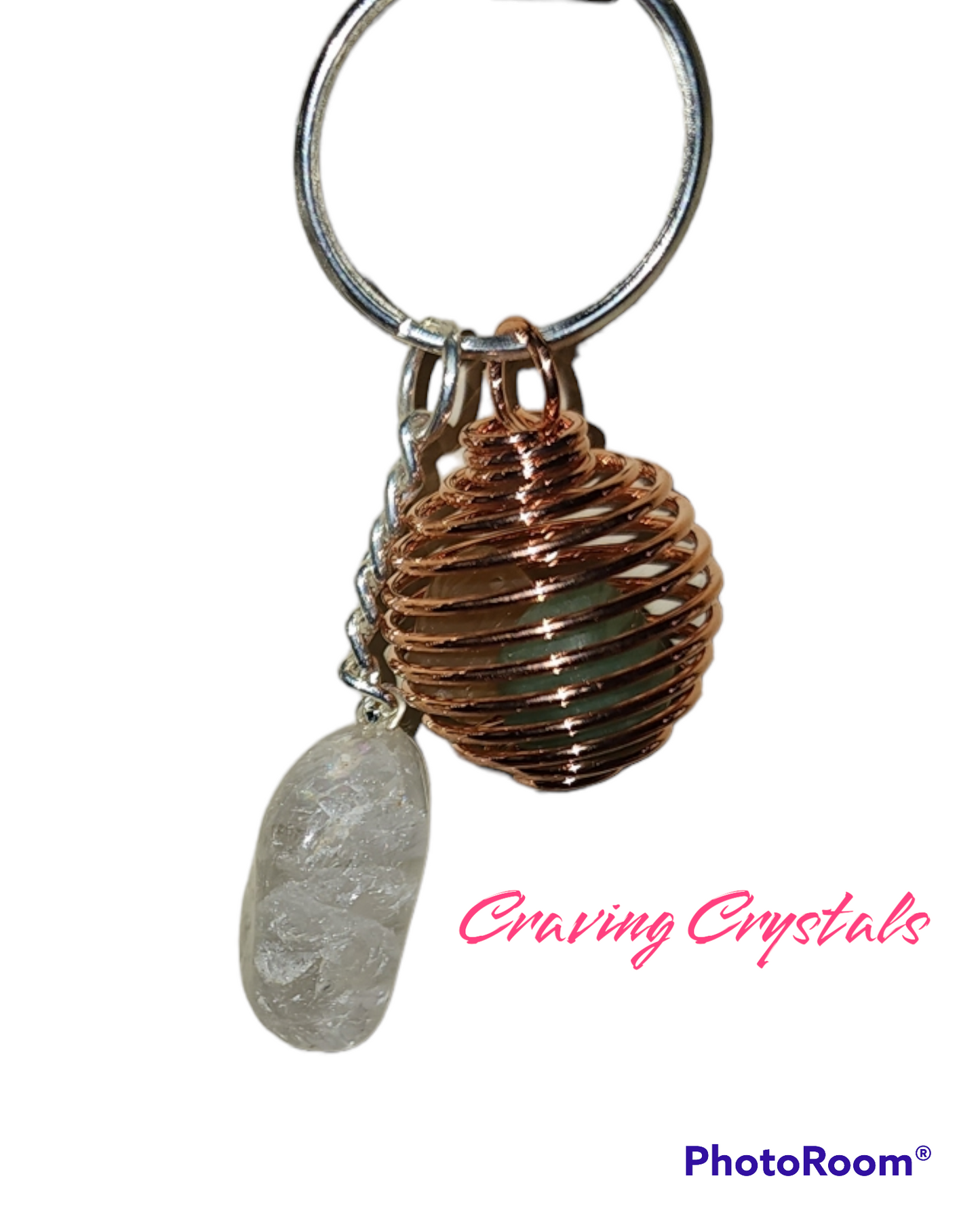 Clear Quartz Tumbled Crystal Keychain w/2 Stones in Copper Cage| Reiki Infused
