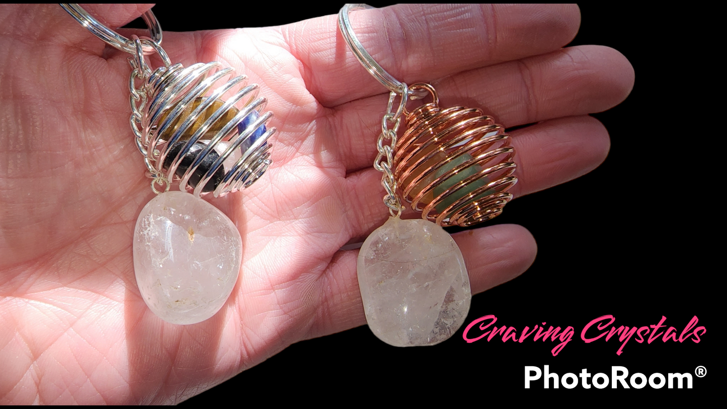 Clear Quartz Tumbled Crystal Keychain w/2 Stones in Copper Cage| Reiki Infused