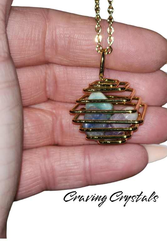 Gold Spiral Cage w/3 Suprise Tumbled Crystal Necklace