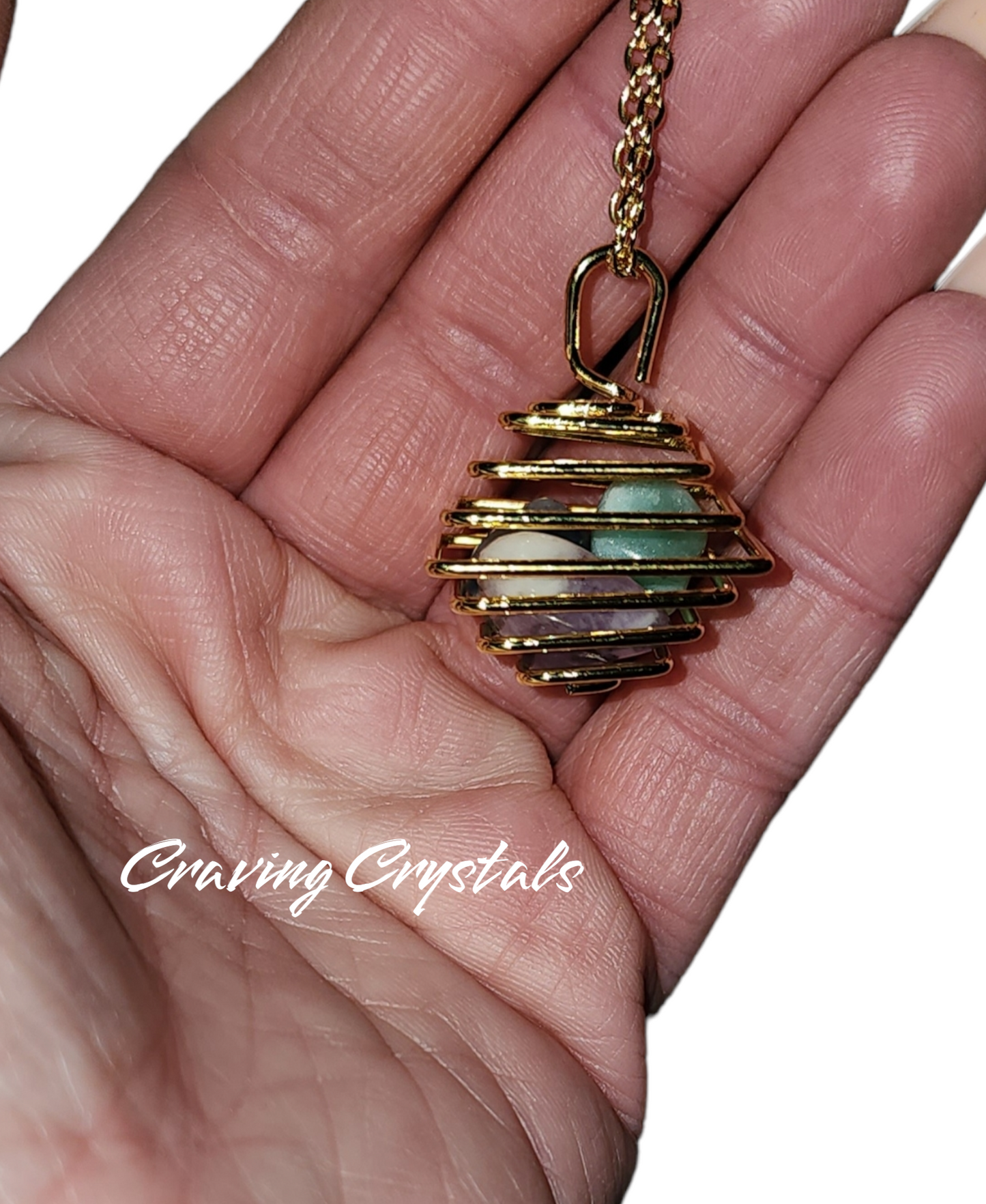 Gold Spiral Cage w/3 Suprise Tumbled Crystal Necklace