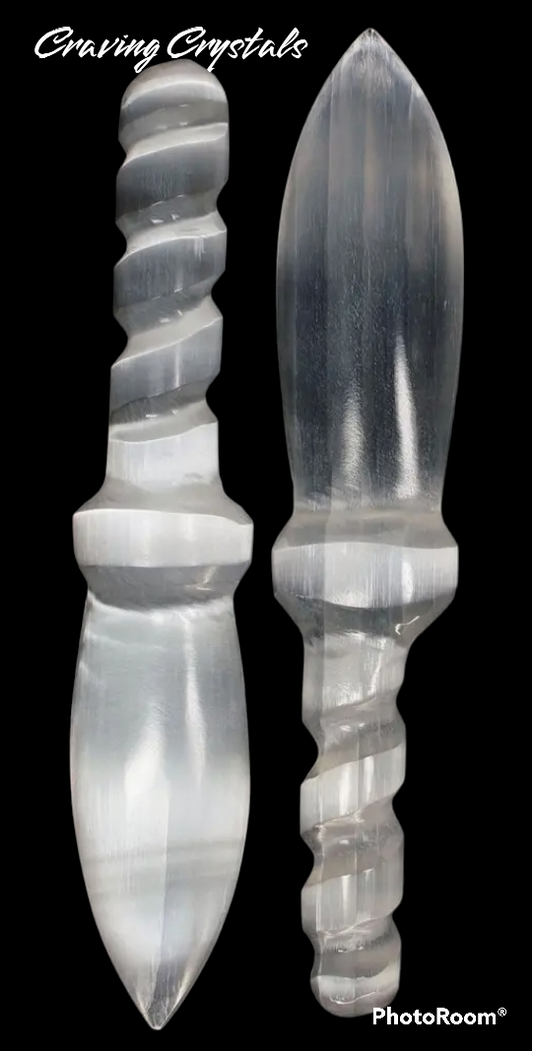 Fancy Selenite Knife Dagger with Spiral Handle / 7.5"-8.5" / Reiki Charged