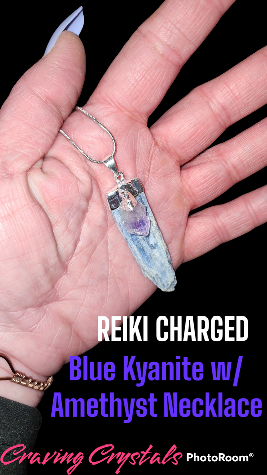 Raw Blue Kyanite & Amethyst Necklace | Reiki Charged