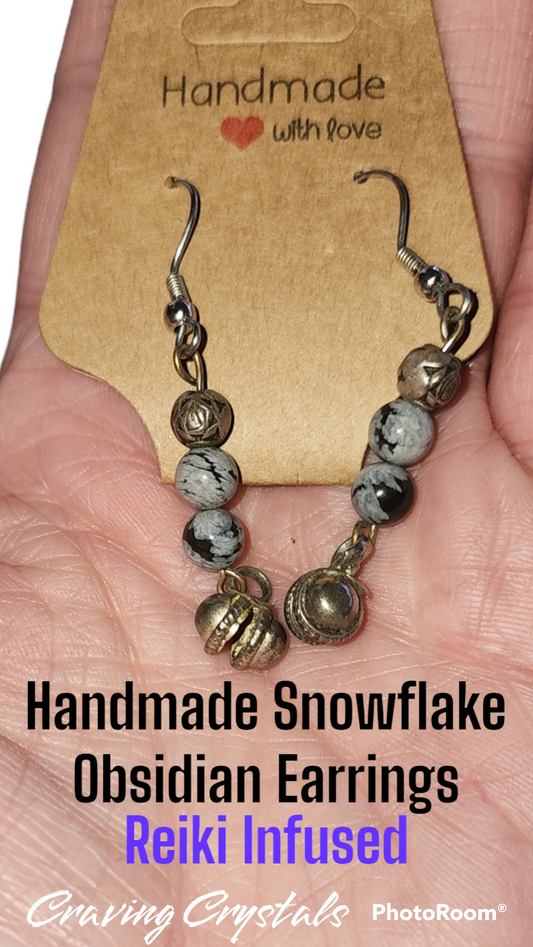 Dainty Handmade Snowflake Obsidian Dangle Earrings - Reiki Infused