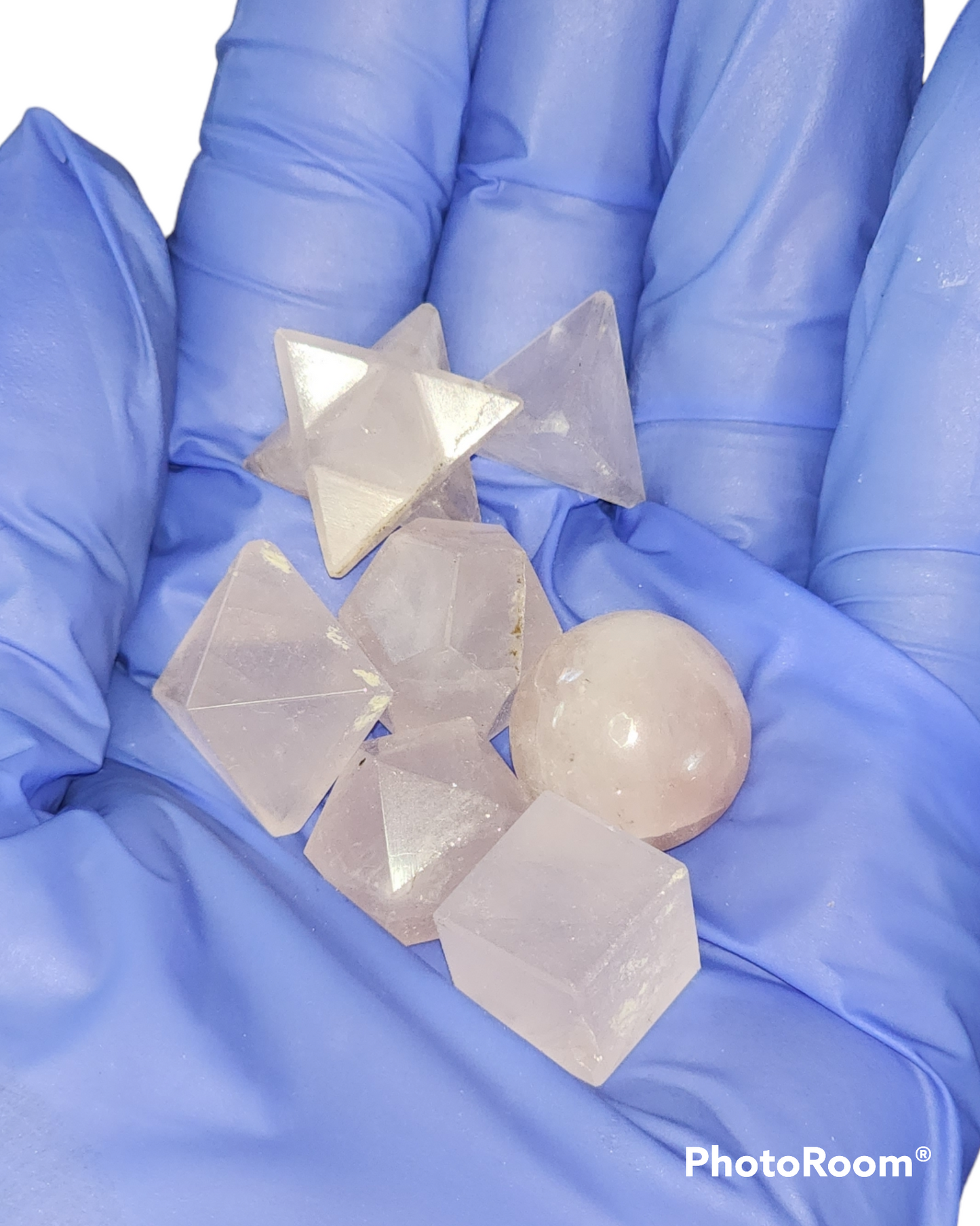 Rose Quartz Crystal 7pc. Platonic Solid Geometry Set- Reiki Charged