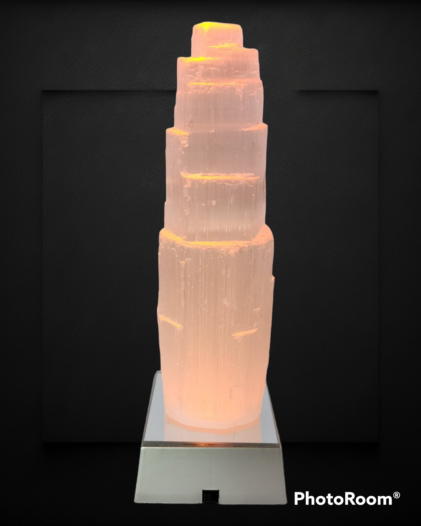 7" Selenite Skyscraper Tower Lamp - Color Changing Crystal LED Lamp/Light - Reiki Infused