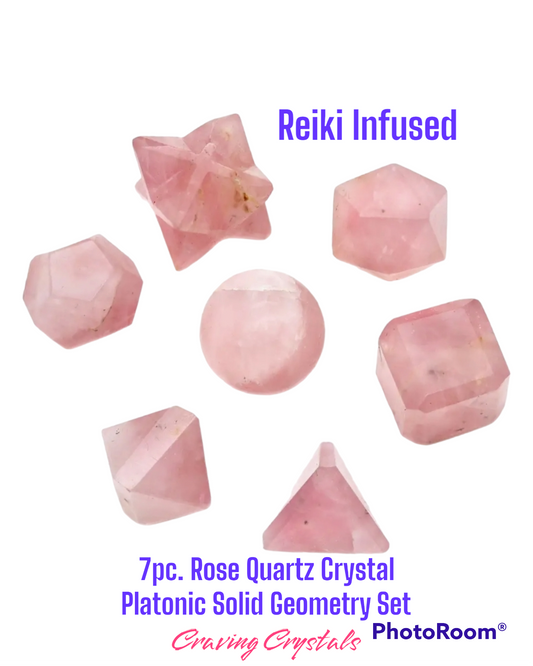 Rose Quartz Crystal 7pc. Platonic Solid Geometry Set- Reiki Charged