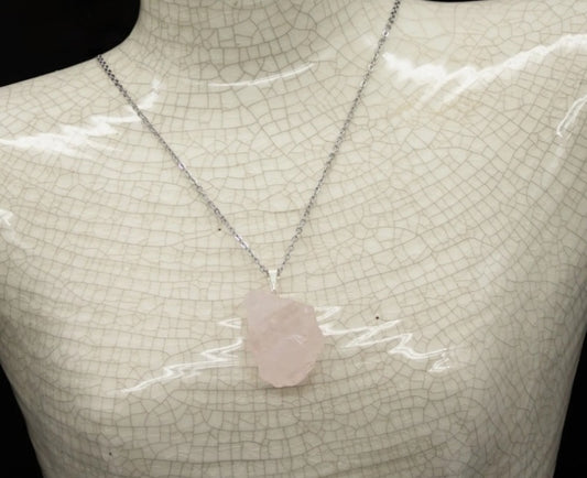 Rose Quartz Rough Rock Pendant Necklace from Brazil - Reiki Infused