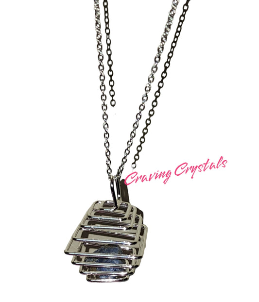 Silver Plated Square Spiral Cage Pendant / Necklace with Mystery Crystal Reiki Infused