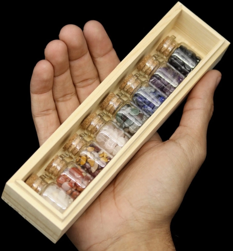 8 Gemstone Chip Bottle Set in Wooden Storage Box - Reiki Infused