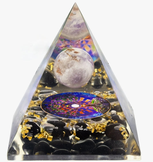 Black Obsidian Orgonite Pyramid with Amethyst Sphere - Reiki Infused